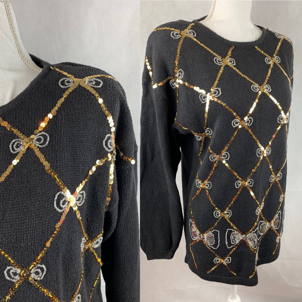 Vintage Black Gold Sequin Bow Sweater M